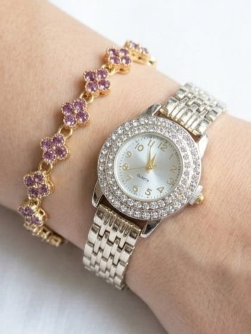 Silver Crystal-Accent Women's Watch with Gold-Tone Bracelet